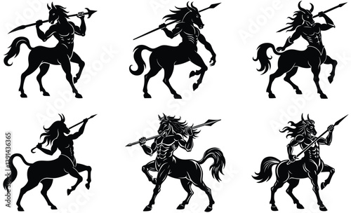 Centaur in battle stance silhouette black vector art design set