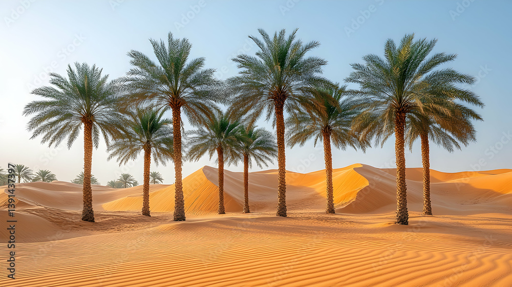 Six palm trees stand tall in an orange sand desert under a clear blue sky. Six palm trees stand tall in an orange sand desert under a clear blue sky.