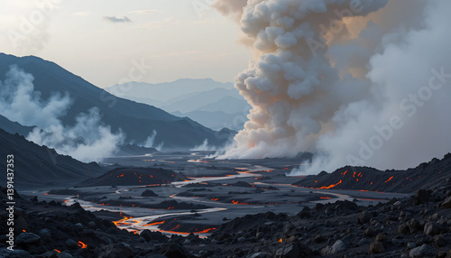 Volcanic Eruption Flowing Lava At Dusk