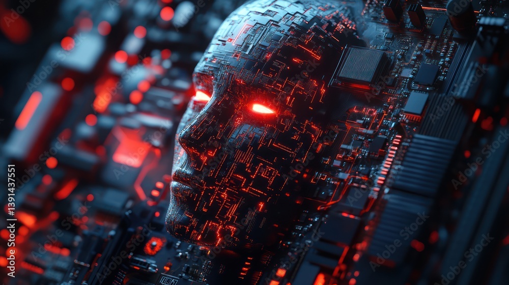 Futuristic cyborg face with glowing red eyes set against circuit backdrop