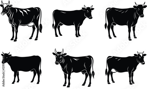Cow domestic animal silhouette black vector art design set