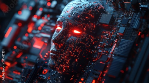 Obraz na płótnie Futuristic cyborg face with glowing red eyes set against circuit backdrop w salonie