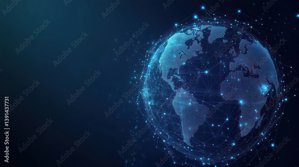 Global network connection, digital world, dark background, data visualization, website banner Global network connection, digital world, dark background, data visualization, website banner