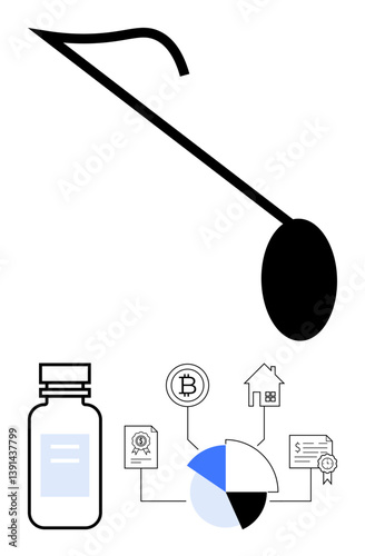 Black ladle silhouette, medicine bottle, and infographic linking cryptocurrency, real estate, and pie chart analytics. Ideal for innovation, fintech, healthcare, investment data visualization smart