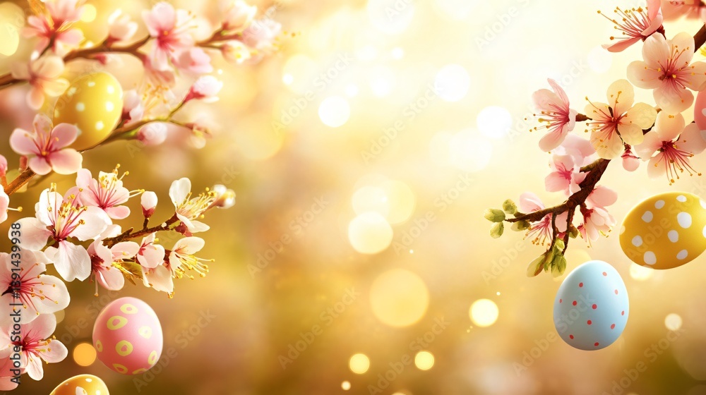 Fototapeta premium Close-Up of Colorful Easter Banner with Playful Bunnies Blooming Flowers and Pastel Eggs Made with Generative AI Technology