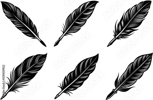 PrintOrnate Feather Quill Pen Vector Clipart Pack | Decorative Ink Drawing Tools in Black Silhouette Style | Elegant Stationery Elements for Poetic Art, Vintage Design, Branding, and Literature Themes