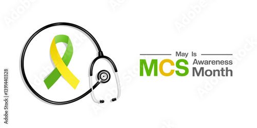 May is National Multiple Chemical Sensitivity Awareness Month. Ribbon and stethoscope. Great for posters, banners, social media and more. White background.