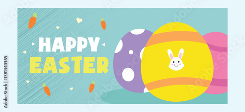 Happy Easter banner featuring a cute bunny face in a yellow egg with colorful decorated eggs and a pastel background. Perfect for festive design projects.