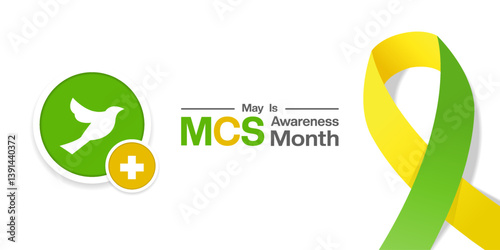 May is National Multiple Chemical Sensitivity Awareness Month. Bird, plus icon and ribbon. Great for posters, banners, social media and more. White background.