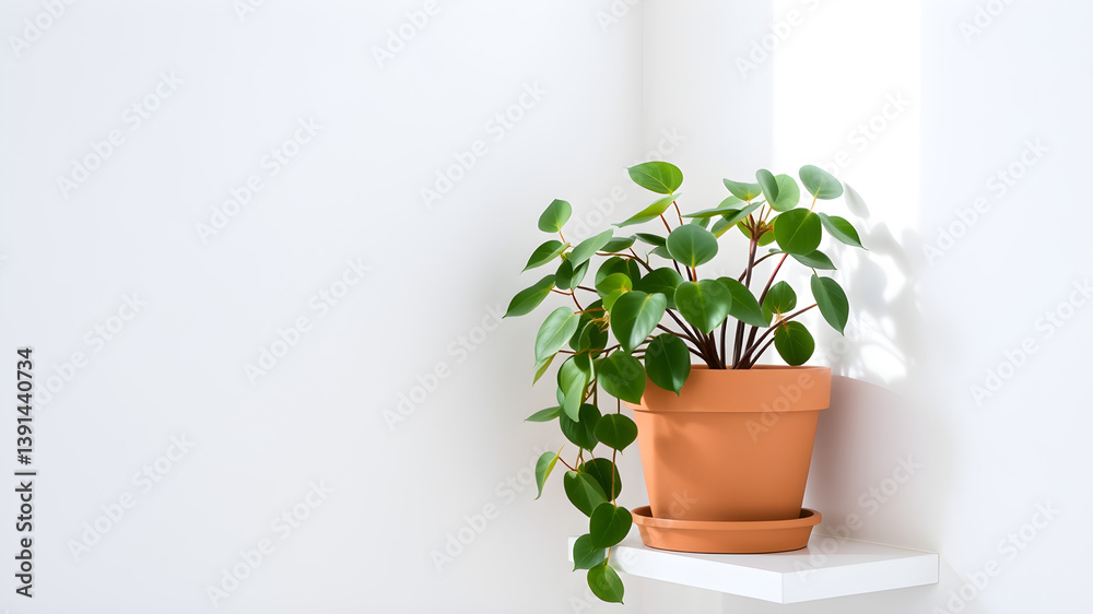 Fototapeta premium A potted plant sits on a shelf next to a white wall