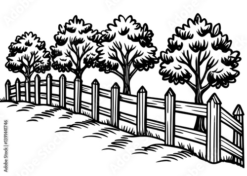 wooden picket fence with green grass. Set of different fences isolated on white background
