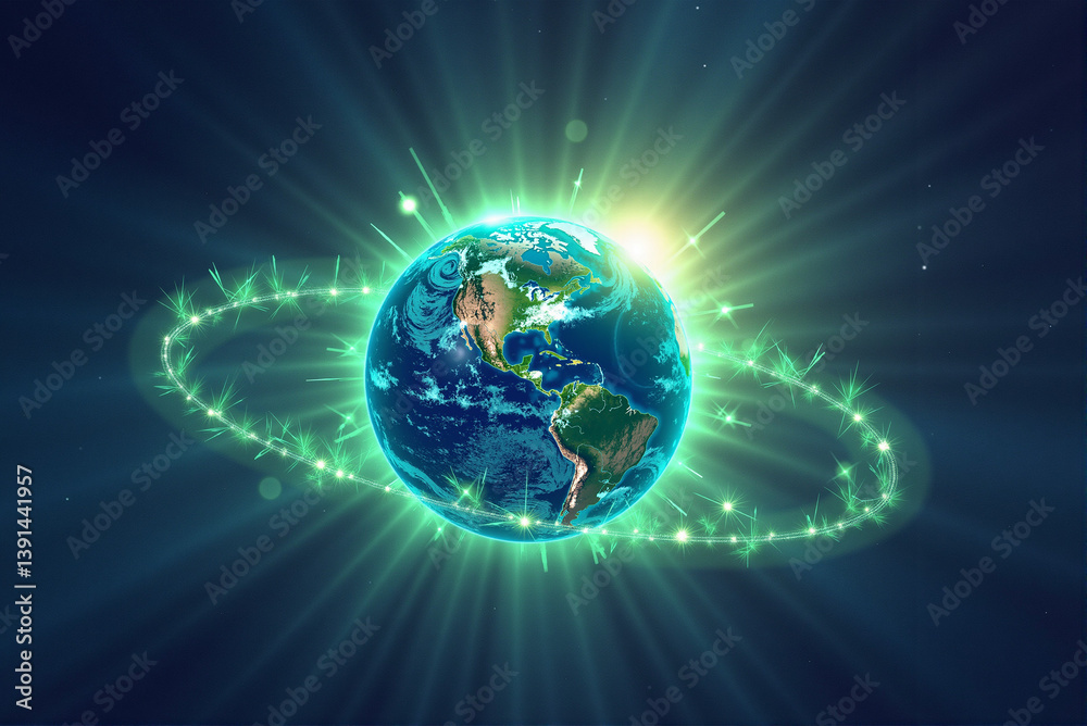 Fototapeta premium Mystical Earth with Luminous Green Energy Ring Against Cosmic Background