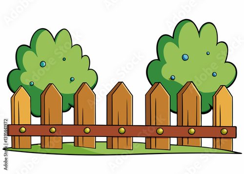 Garden scene with fence and trees Summer landcape vector illustration