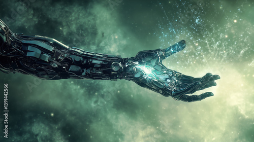 Futuristic robotic hand reaching forward among glowing digital particles and data lines