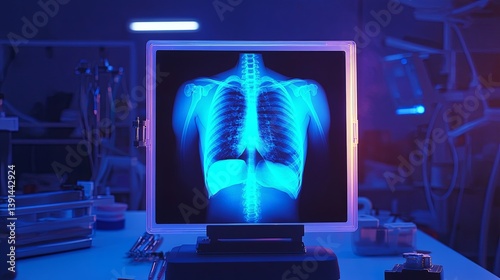 A clean shot of an X-ray viewer with a glowing chest X-ray displayed. background