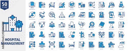 Hospital Management Icon Set outline blue Style with Patient Registration, Outpatient, Inpatient, Emergency Services, Medical Record, Receptionist, Waste Management, Billing and Finance, First Aid
