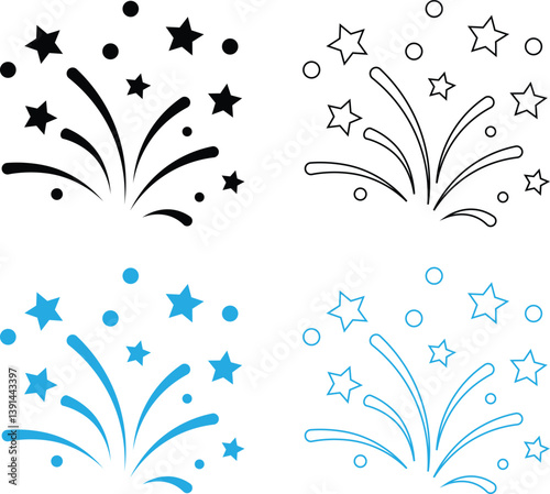 Set of firework icons, celebration, party, happy new year. Vector set sparkler confetti, firecracker minimal vector illustration. Simple outline sign for New Year celebration party. Editable Stroke