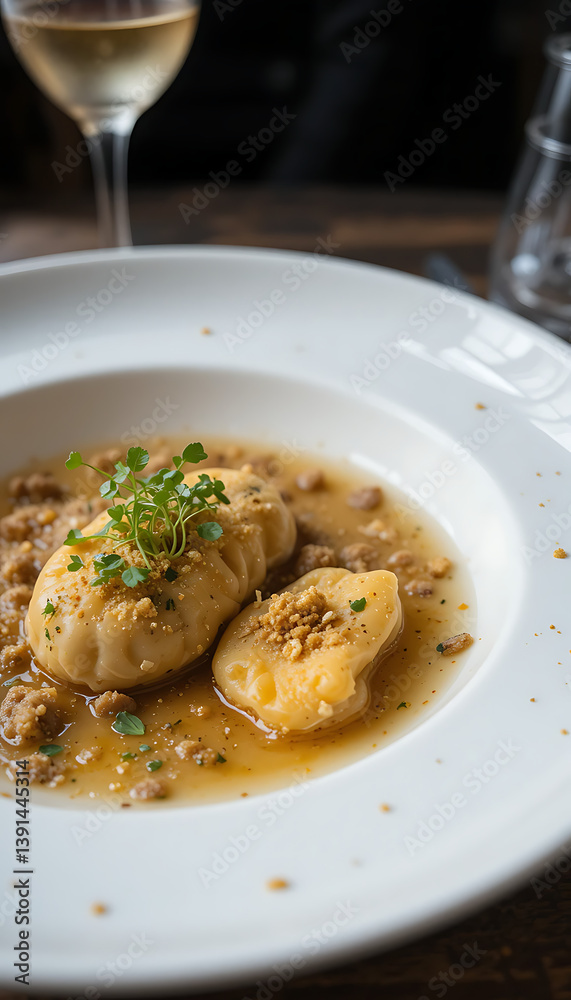 Foie gras tortellini in a uni consommé, topped with truffle shavings, gold flakes, and microgreens.
Foie gras tortellini in a uni consommé, topped with truffle shavings, gold flakes, and microgreens.