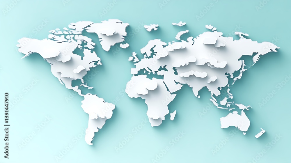 3D embossed world map on light blue background. 3D embossed world map on light blue background.
