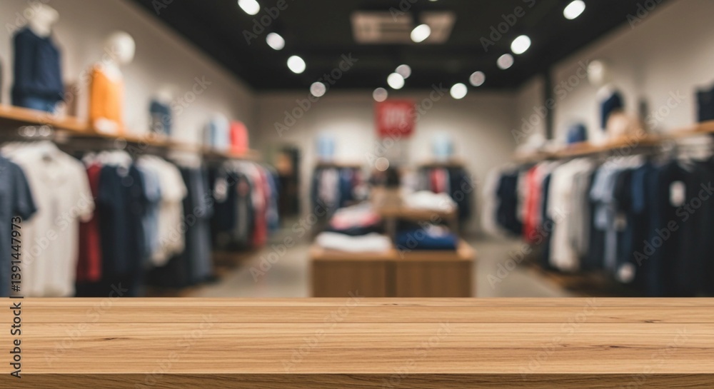 The photograph captures a clear wooden tabletop positioned in the foreground against a blurred background of a brightly lit clothing store with racks of various garments The photograph captures a clear wooden tabletop positioned in the foreground against a blurred background of a brightly lit clothing store with racks of various garments