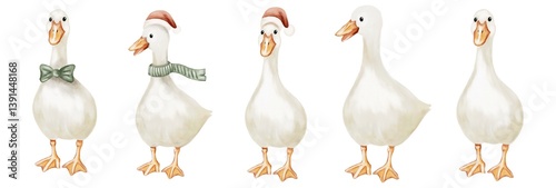 Geese in festive attire with scarf and hats for cheerful textile design