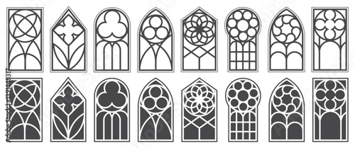 Church gothic window frames. Stained glass cathedral arches with vintage pattern. Medieval castle vector frames. Catholic frames design on white background. Renaissance outline black decorations.