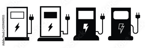 Electric vehicle with plug icons. Electric vehicle charging point icons. EV car, green hybrid vehicle charging station symbol. Eco friendly vehicle concept. Vector illustration.