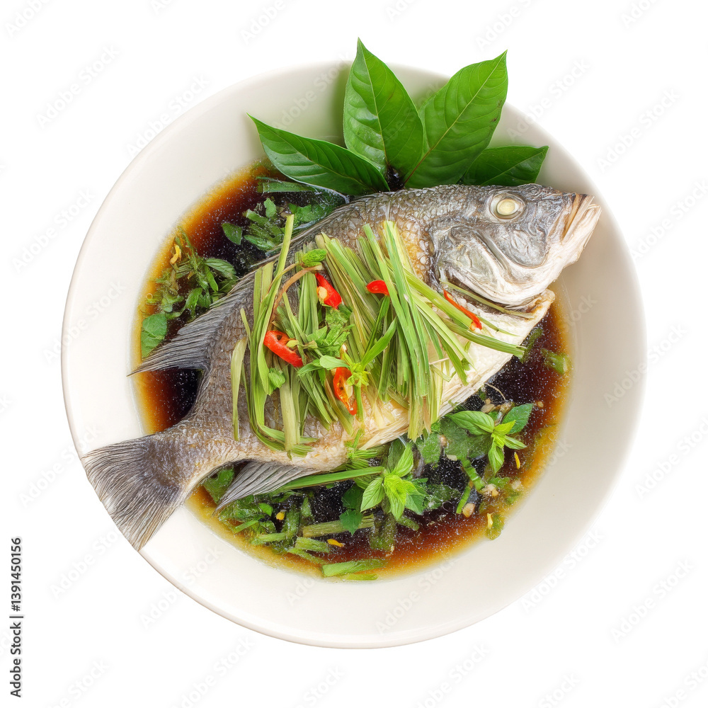 Delicious whole fish dish garnished with fresh herbs and spices. transparent background Delicious whole fish dish garnished with fresh herbs and spices. transparent background