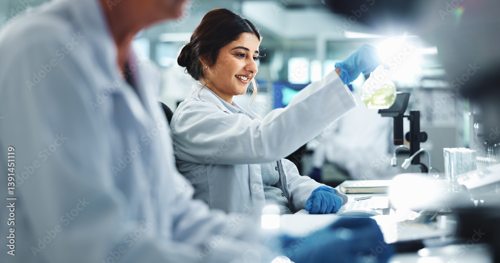 Analysis, scientist and woman with chemical, lab and smile for healthcare with experiment and thinking. Clinic, medical professional and person with liquid for treatment, pharmaceutical and sample Analysis, scientist and woman with chemical, lab and smile for healthcare with experiment and thinking. Clinic, medical professional and person with liquid for treatment, pharmaceutical and sample