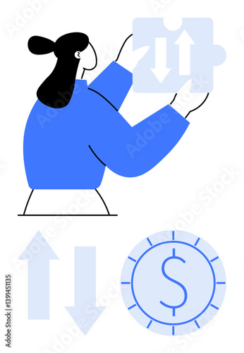 Woman holds puzzle piece with arrows nearby are up and down arrows and dollar coin circle. Ideal for finance, investment, decision-making, teamwork, strategy, problem-solving, and economic growth