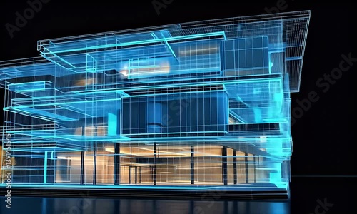 A futuristic architectural rendering showcasing a blue wireframe building, illuminated against a dark background.
