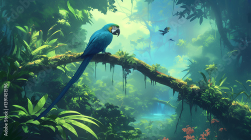 A macaw parrot on a branch in a tropical forest.