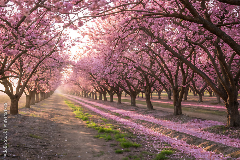 Naklejka premium Blossoming Pathway A Tunnel of Pink Flowering Trees in Full Bloom