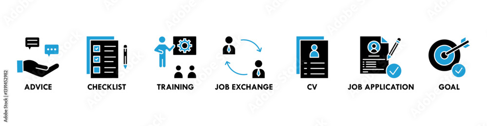 Career banner concept with icon of advice, checklist, training, job exchange, cv, job application and goal. Web icon vector illustration