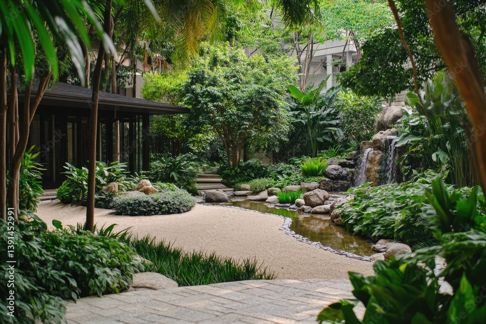 Fototapeta premium Vibrant garden featuring a small waterfall, lush greenery, and a winding path inviting visitors to explore the tranquil space