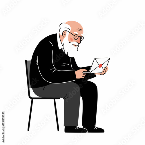 Elderly man reading a letter while sitting on a chair  