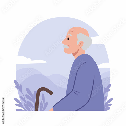 Elderly man contemplating nature against a serene landscape  