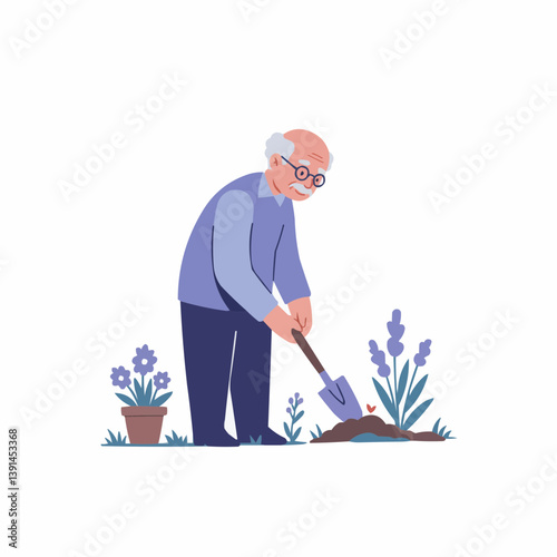 Elderly man happily gardening among vibrant flowers  