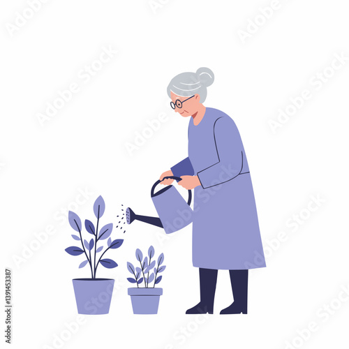 Senior woman caring for plants while watering them in a bright space  