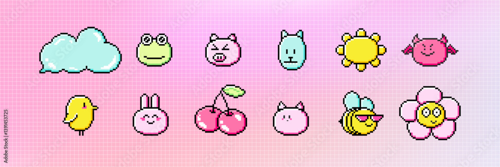 Pixel art cute icon asset pack. Retro aesthetics game style vector illustration. Y2k 8-bit pixelated element set. Pixel art cute icon asset pack. Retro aesthetics game style vector illustration. Y2k 8-bit pixelated element set.