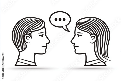 A minimalist line drawing of two heads connected by a speech bubble, simple outline on a white background