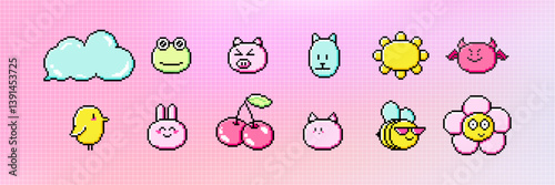 Pixel art cute icon asset pack. Retro aesthetics game style vector illustration. Y2k 8-bit pixelated element set.