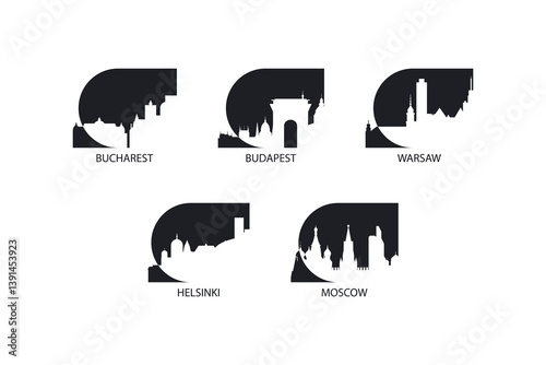 Europe cities icon pack: Bucharest, Budapest, Warsaw, Helsinki, Moscow skylines and panoramas. Vector logo set for badges, web design for Finland, Poland, Russia, Romania, Hungary