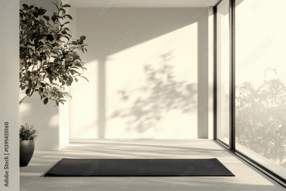 Minimalist studio setup with a black yoga mat near a big window and plant casting shadows.