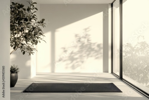 Obraz na płótnie Minimalist studio setup with a black yoga mat near a big window and plant casting shadows. w salonie