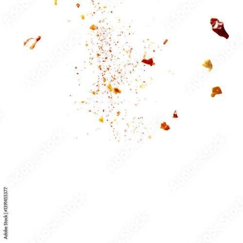 Red pepper flakes falling on black background spice explosion culinary art