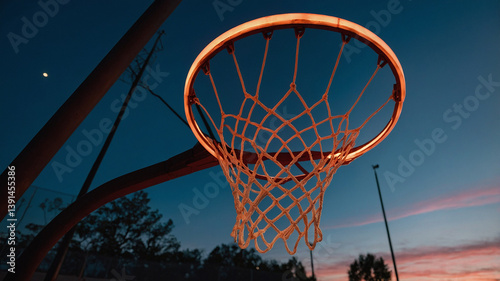 Fototapeta Naklejka Na Ścianę i Meble -  Basketball Hoop Silhouette At Dusk With Vibrant Sky Backdrop And Peaceful Serenity