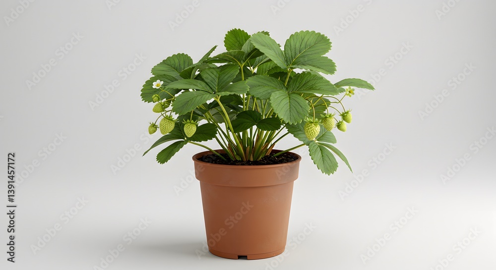 Obraz premium Strawberry Plant in Terracotta Pot plain white background Strawberry plant with green leaves and small white flowers. Perfect for growing fresh strawberries indoors.
