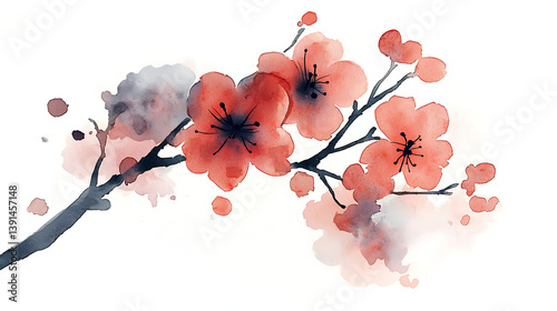 Fototapeta Naklejka Na Ścianę i Meble -  A watercolor painting of a branch with red flowers