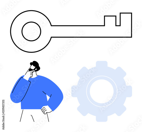 Key, gear, and thoughtful person in a flat, simple style. Ideal for strategy, innovation, solutions, decision-making problem-solving analysis teamwork. Flat simple metaphor